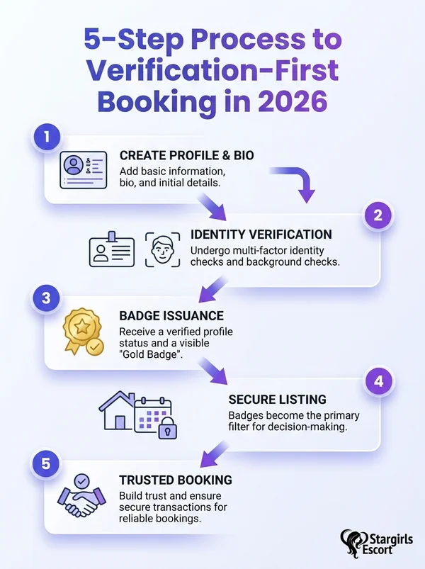 Infographic: 5-step verification-first booking in 2026, featuring Gold/verified badges and identity checks as filters.