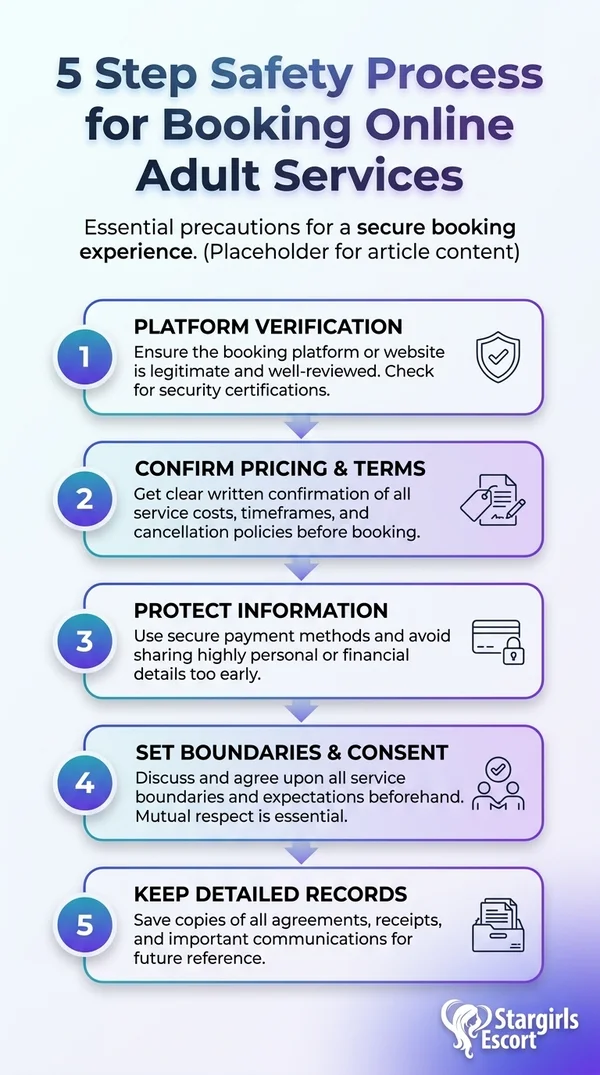 Infographic: essential safety tips, 5-step process for booking online adult services (verification, consent, privacy).