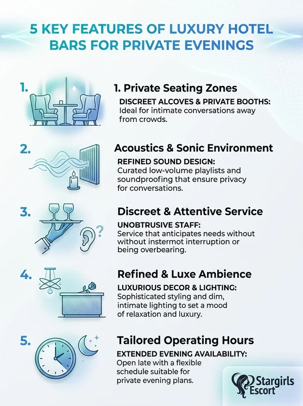 Infographic: Top Luxury Hotel Bars for a Private Escort Date - 5 key features of luxury hotel bars for private evenings