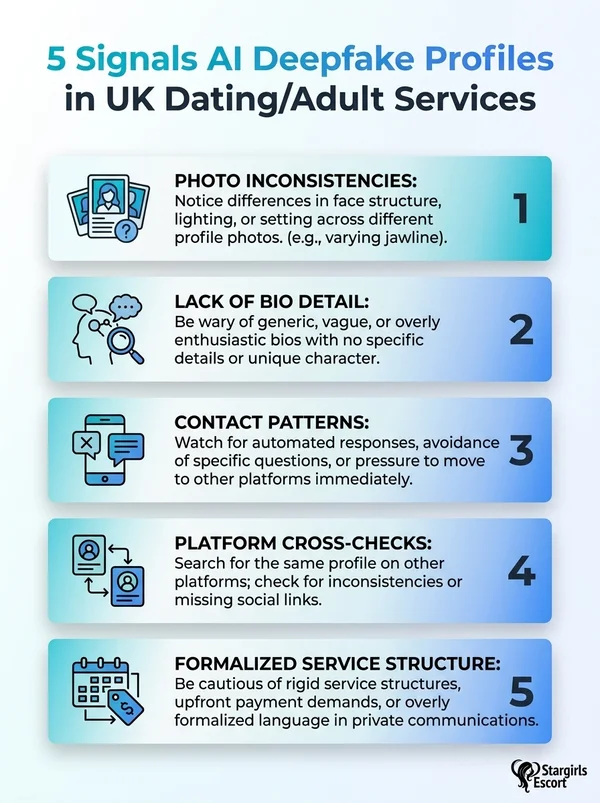 Infographic illustrating five signals of AI deepfakes in UK dating and adult profiles, highlighting trust implications.