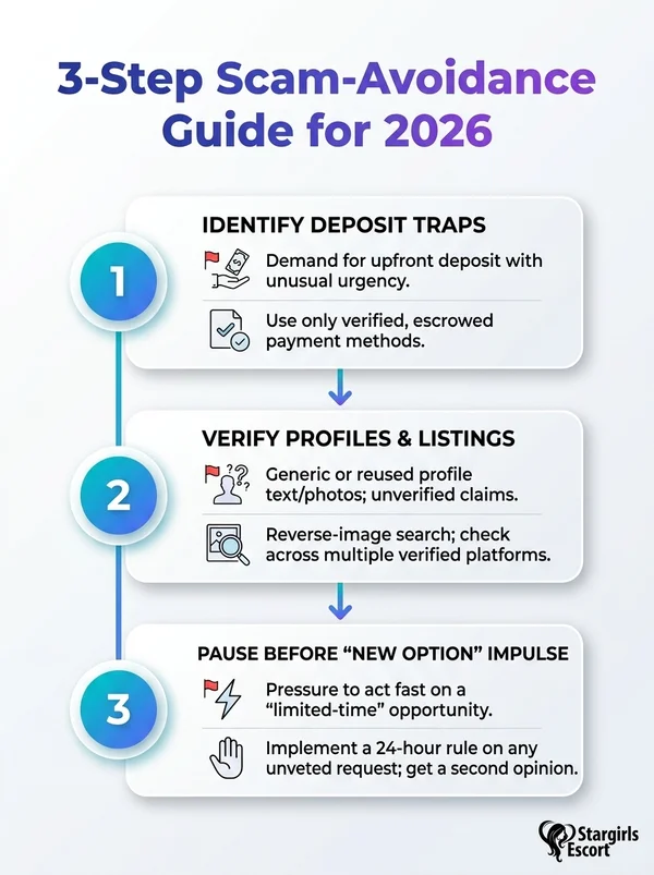 3-step scam-avoidance guide for 2026: content spikes, deposit traps, fake profiles, new option paranoia.